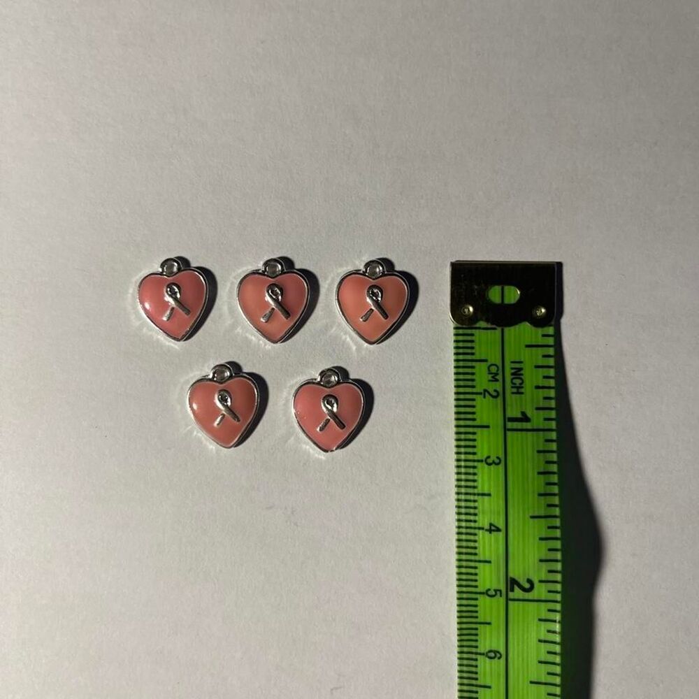 Pink Ribbon Heart Charms Lot of 5 Breast Cancer Awareness Craft Jewelry Pendants